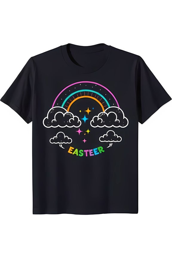 Colorful Rainbow Easter Graphic Black T-Shirt with Clouds & Stars Design