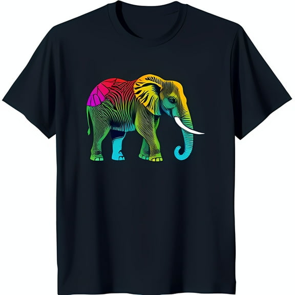Colorful Rainbow Elephant Illustration on Dark Blue T-Shirt Unique Art Design