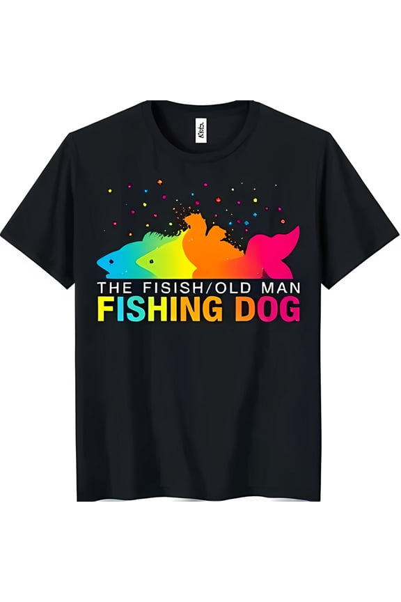 Colorful Rainbow Fish Graphic Black T-Shirt Funny 'Old Man Dog' Design