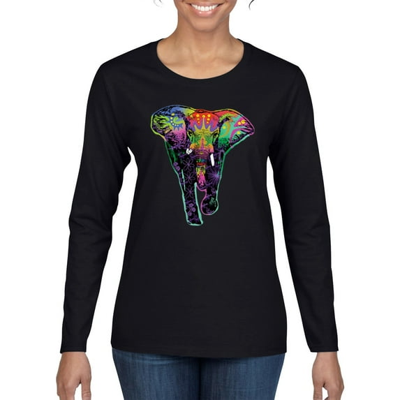 Colorful Rainbow Floral Elephant Animal Lover Womens Graphic Long Sleeve T-Shirt, Black, Small