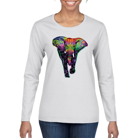 Colorful Rainbow Floral Elephant Animal Lover Womens Graphic Long Sleeve T-Shirt, White, 2XL