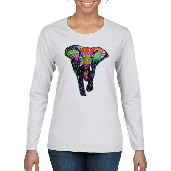 Colorful Rainbow Floral Elephant Animal Lover Womens Graphic Long Sleeve T-Shirt, White, Large
