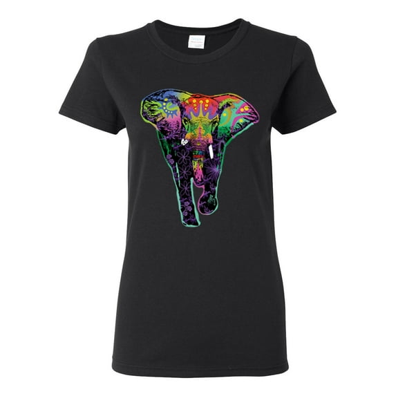 Colorful Rainbow Floral Elephant Animal Lover Womens Graphic T-Shirt, Black, Small
