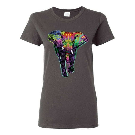 Colorful Rainbow Floral Elephant Animal Lover Womens Graphic T-Shirt, Charcoal, Large