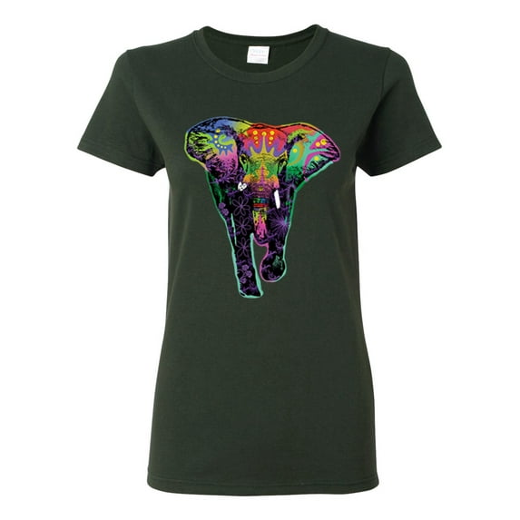Colorful Rainbow Floral Elephant Animal Lover Womens Graphic T-Shirt, Forest Green, Large