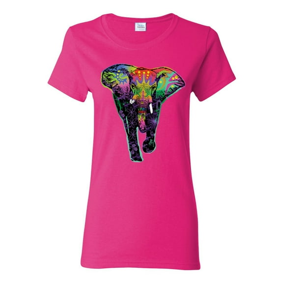 Colorful Rainbow Floral Elephant Animal Lover Womens Graphic T-Shirt, Fuschia, X-Large
