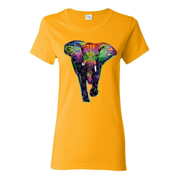 Colorful Rainbow Floral Elephant Animal Lover Womens Graphic T-Shirt, Gold, Small