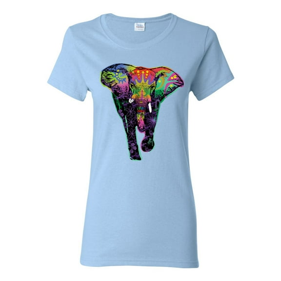 Colorful Rainbow Floral Elephant Animal Lover Womens Graphic T-Shirt, Light Blue, Medium