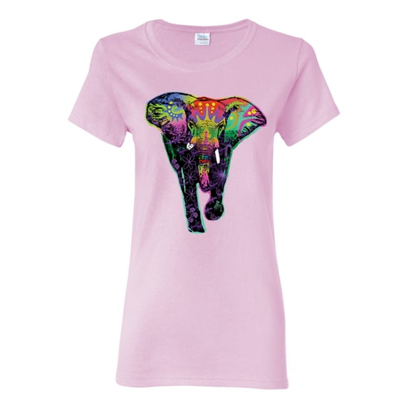 Colorful Rainbow Floral Elephant Animal Lover Womens Graphic T-Shirt, Light Pink, Large