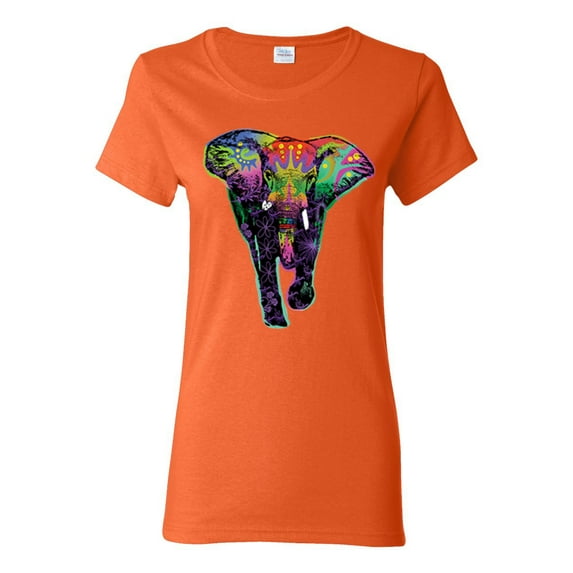 Colorful Rainbow Floral Elephant Animal Lover Womens Graphic T-Shirt, Orange, 3XL