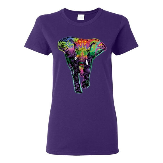Colorful Rainbow Floral Elephant Animal Lover Womens Graphic T-Shirt, Purple, Medium