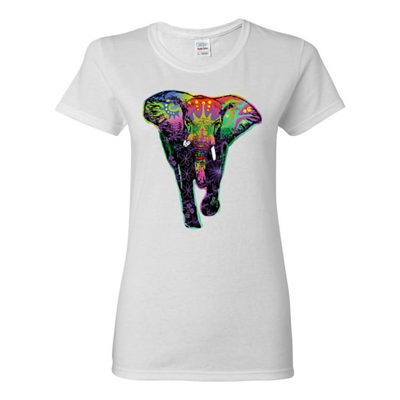 Colorful Rainbow Floral Elephant Animal Lover Womens Graphic T-Shirt, White, X-Large