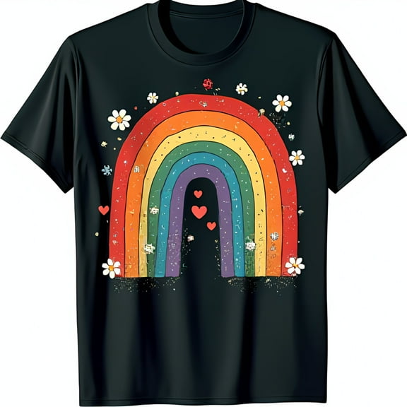 Colorful Rainbow Glitter T-Shirt with Hearts & Daisies Black Tee for Positivity