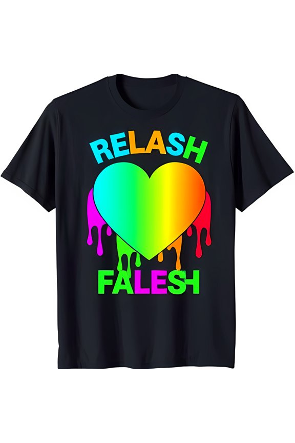 Colorful Rainbow Heart Dripping Black T-Shirt 'RELASH' & 'FALESH' Design