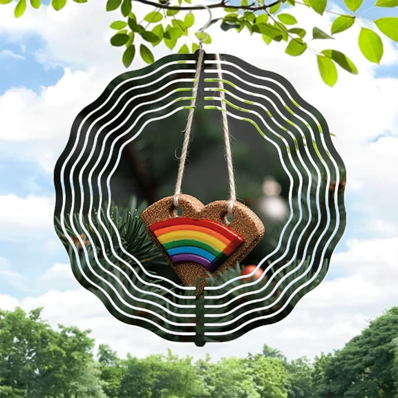 Colorful Rainbow Heart-Shaped Metal Hanging Wind Spinner - Decorative Wind Chime for Yard & Garden with Concentric Wave Pattern