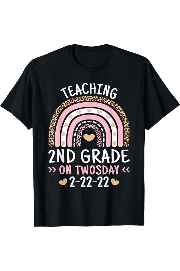 Colorful Rainbow Hearts Leopard Print Teaching T-Shirt for Twosday 2022 Celebration