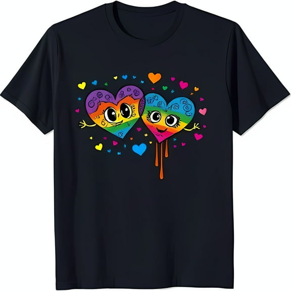 Colorful Rainbow Hearts T-Shirt Cute Happy Faces Holding Hands Design on Black Tee