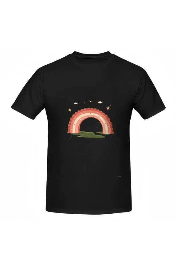 Colorful Rainbow & Hill Design Cotton Short Sleeve T-Shirt for Women - Fun Cartoon Style with Clouds & Stars - Perfect Tee Top