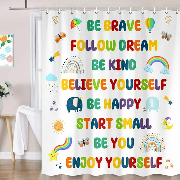 Colorful Rainbow Kids Shower Curtain, Inspirational Motivational Quotes Kids Bathroom Decor for Baby Boys Girls, Funny Cute Cartoon Sun Butterfly Children Fabric Bath Curtain with Hooks, 70X72IN
