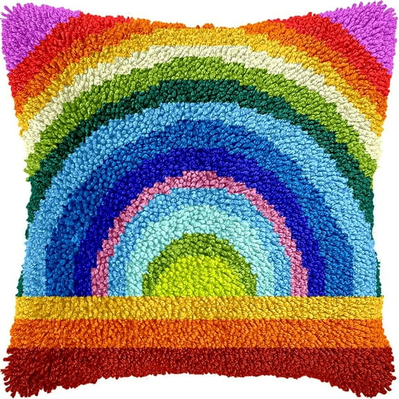 Colorful Rainbow Latch Hook Kits Pillow DIY Pillowcase Crochet Hook Cushion Making Kits with Preprinted Pattern Canvas Instruction Yarns Pillow Cover Easy Starter DIY Crochet Kits 43x43cmf270)