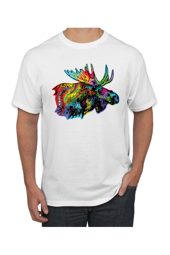 Colorful Rainbow Moose Head Wildlife Animal Lover Men's Graphic T-Shirt, White, Large