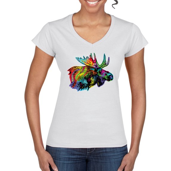 Colorful Rainbow Moose Head Wildlife Animal Lover Women’s Standard V-Neck Tee, White, Small