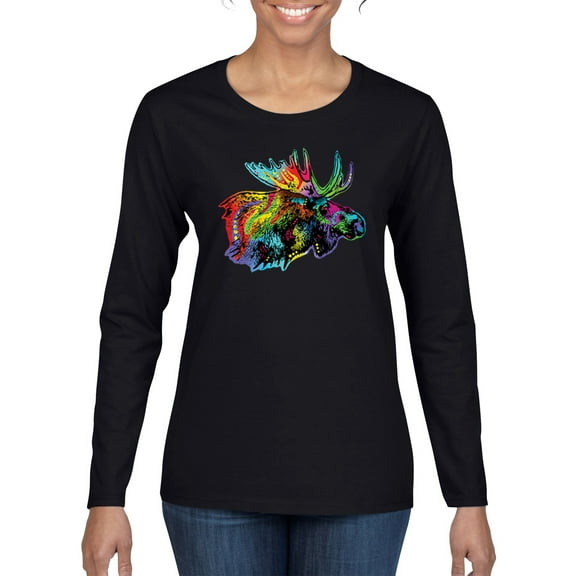 Colorful Rainbow Moose Head Wildlife Animal Lover Womens Graphic Long Sleeve T-Shirt, Black, 2XL
