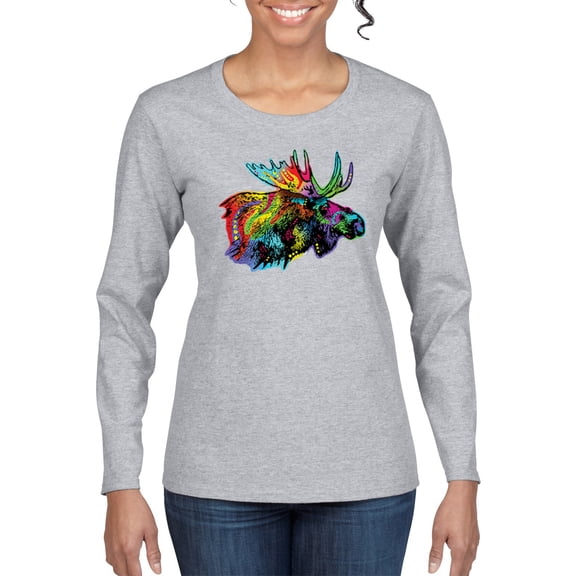 Colorful Rainbow Moose Head Wildlife Animal Lover Womens Graphic Long Sleeve T-Shirt, Heather Grey, X-Large