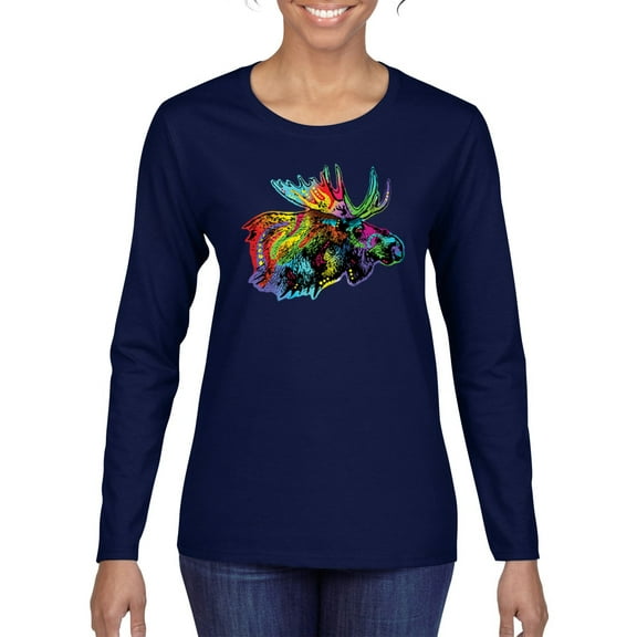 Colorful Rainbow Moose Head Wildlife Animal Lover Womens Graphic Long Sleeve T-Shirt, Navy, Small