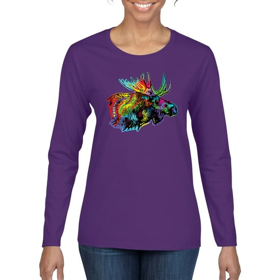 Colorful Rainbow Moose Head Wildlife Animal Lover Womens Graphic Long Sleeve T-Shirt, Purple, Medium