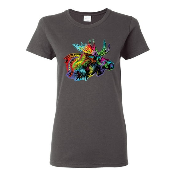 Colorful Rainbow Moose Head Wildlife Animal Lover Womens Graphic T-Shirt, Charcoal, Large