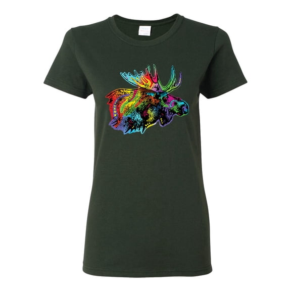 Colorful Rainbow Moose Head Wildlife Animal Lover Womens Graphic T-Shirt, Forest Green, 3XL