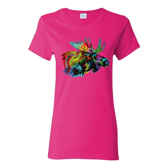 Colorful Rainbow Moose Head Wildlife Animal Lover Womens Graphic T-Shirt, Fuschia, 3XL