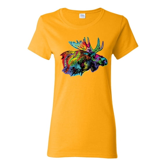 Colorful Rainbow Moose Head Wildlife Animal Lover Womens Graphic T-Shirt, Gold, Medium