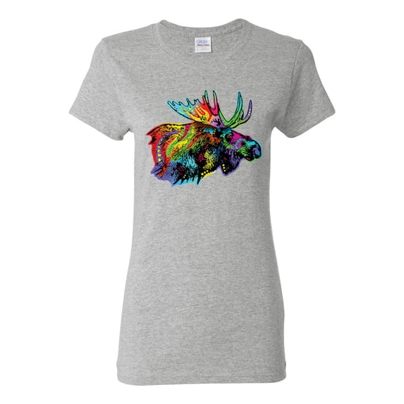 Colorful Rainbow Moose Head Wildlife Animal Lover Womens Graphic T-Shirt, Heather Grey, 2XL