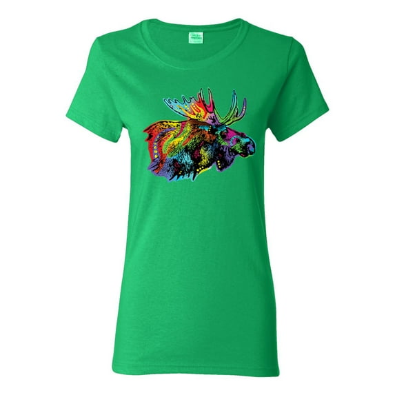 Colorful Rainbow Moose Head Wildlife Animal Lover Womens Graphic T-Shirt, Kelly, 3XL
