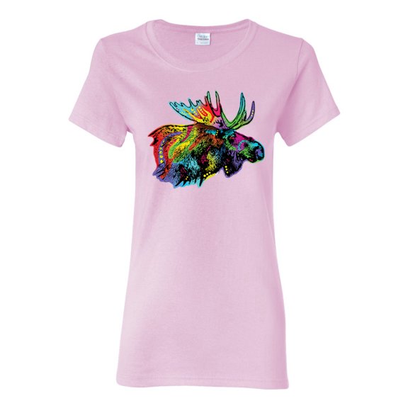 Colorful Rainbow Moose Head Wildlife Animal Lover Womens Graphic T-Shirt, Light Pink, 2XL