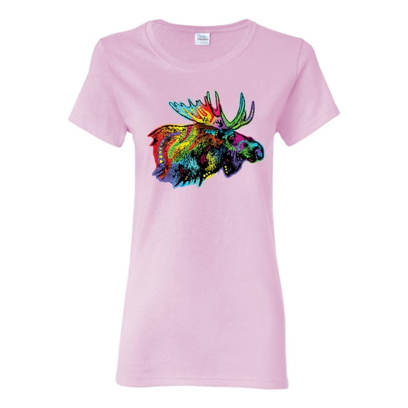 Colorful Rainbow Moose Head Wildlife Animal Lover Womens Graphic T-Shirt, Light Pink, Large