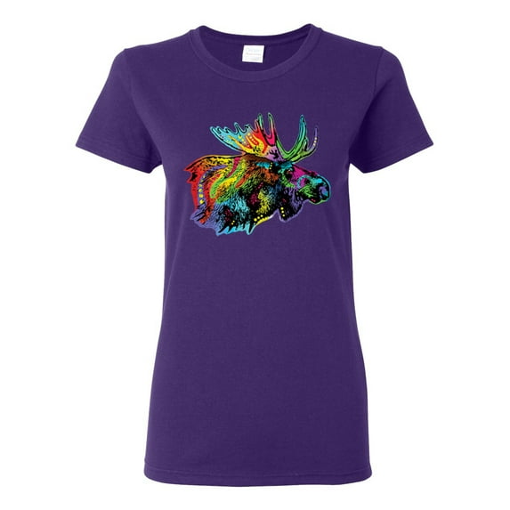 Colorful Rainbow Moose Head Wildlife Animal Lover Womens Graphic T-Shirt, Purple, Small