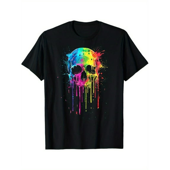 Colorful Rainbow Paint Dripped Skull Paint Dripping Skeleton T-Shirt, Black, 100% Cotton, Gift for Men Dad Friends, S-XXXL