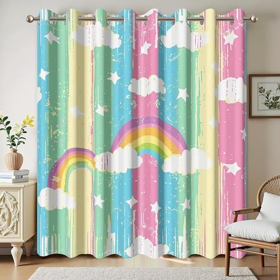Colorful Rainbow Pattern Blackout Curtains For Baby Girls Princess Bedroom Home Wall Decor, Clouds Stars Thermal Insulated Window Treatments With Grommet 42"W x 63"L (Pack of 2)