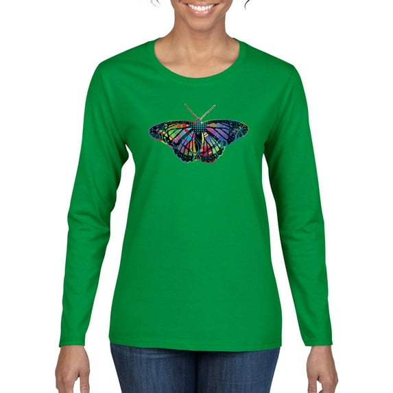 Colorful Rainbow Patterned Butterfly Animal Lover Womens Graphic Long Sleeve T-Shirt, Kelly, Medium
