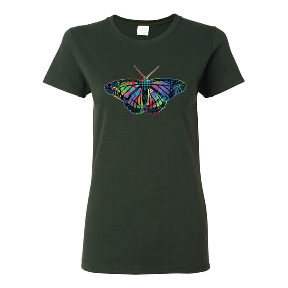 Colorful Rainbow Patterned Butterfly Animal Lover Womens Graphic T-Shirt, Forest Green, Medium
