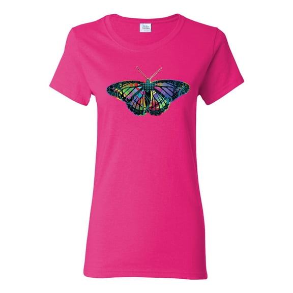 Colorful Rainbow Patterned Butterfly Animal Lover Womens Graphic T-Shirt, Fuschia, Small