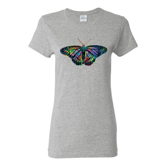 Colorful Rainbow Patterned Butterfly Animal Lover Womens Graphic T-Shirt, Heather Grey, Large