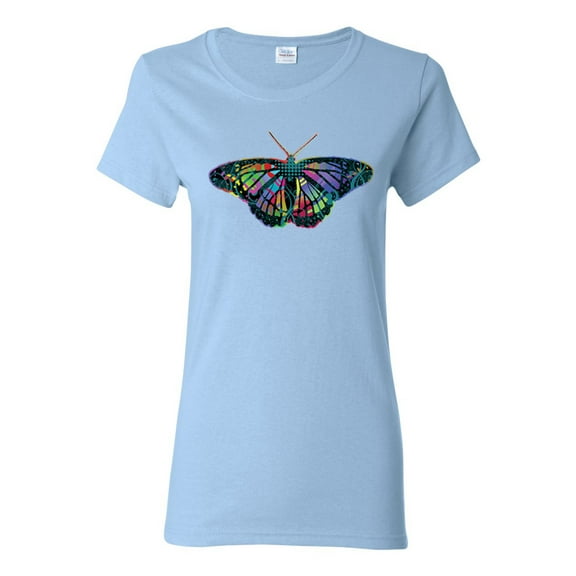 Colorful Rainbow Patterned Butterfly Animal Lover Womens Graphic T-Shirt, Light Blue, 2XL