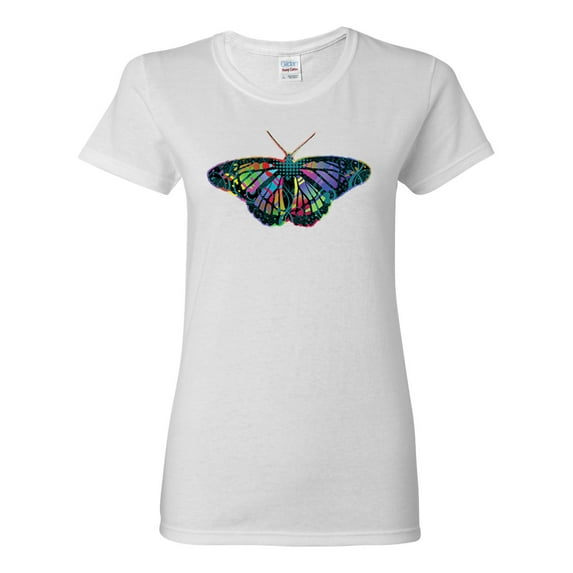 Colorful Rainbow Patterned Butterfly Animal Lover Womens Graphic T-Shirt, White, Large