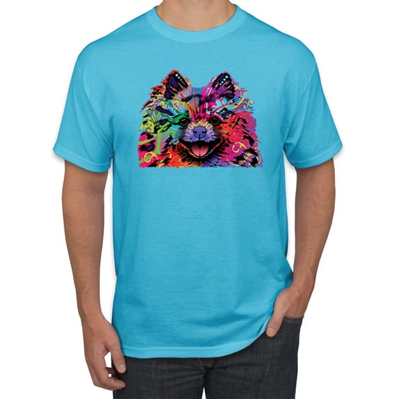 Colorful Rainbow Pomeranian Dog Animal Lover Men's Graphic T-Shirt, Light Turquoise, 5XL