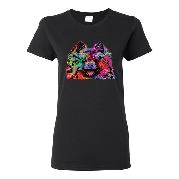 Colorful Rainbow Pomeranian Dog Animal Lover Womens Graphic T-Shirt, Black, Small