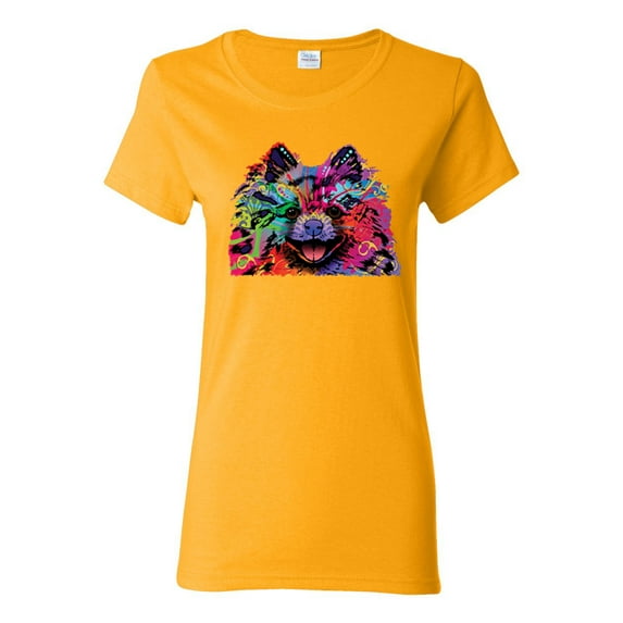 Colorful Rainbow Pomeranian Dog Animal Lover Womens Graphic T-Shirt, Gold, Small